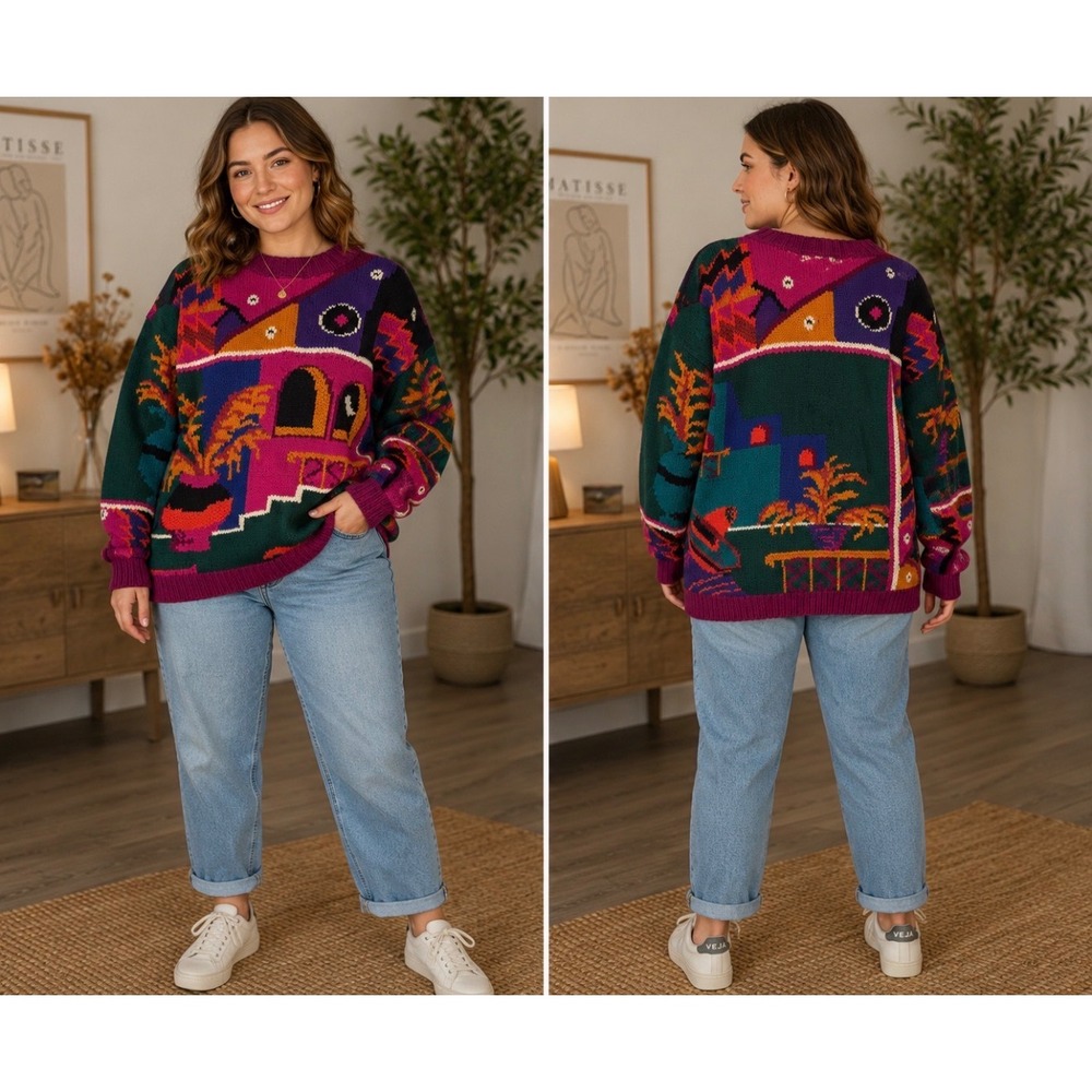 Vintage Le Moda Hand Knit Abstract Landscape Sweater XL Ramie Cotton Multi Color